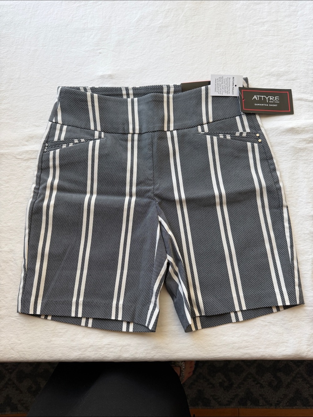Attyre Navy and White Vertical Stripe Women's Bermuda Shorts